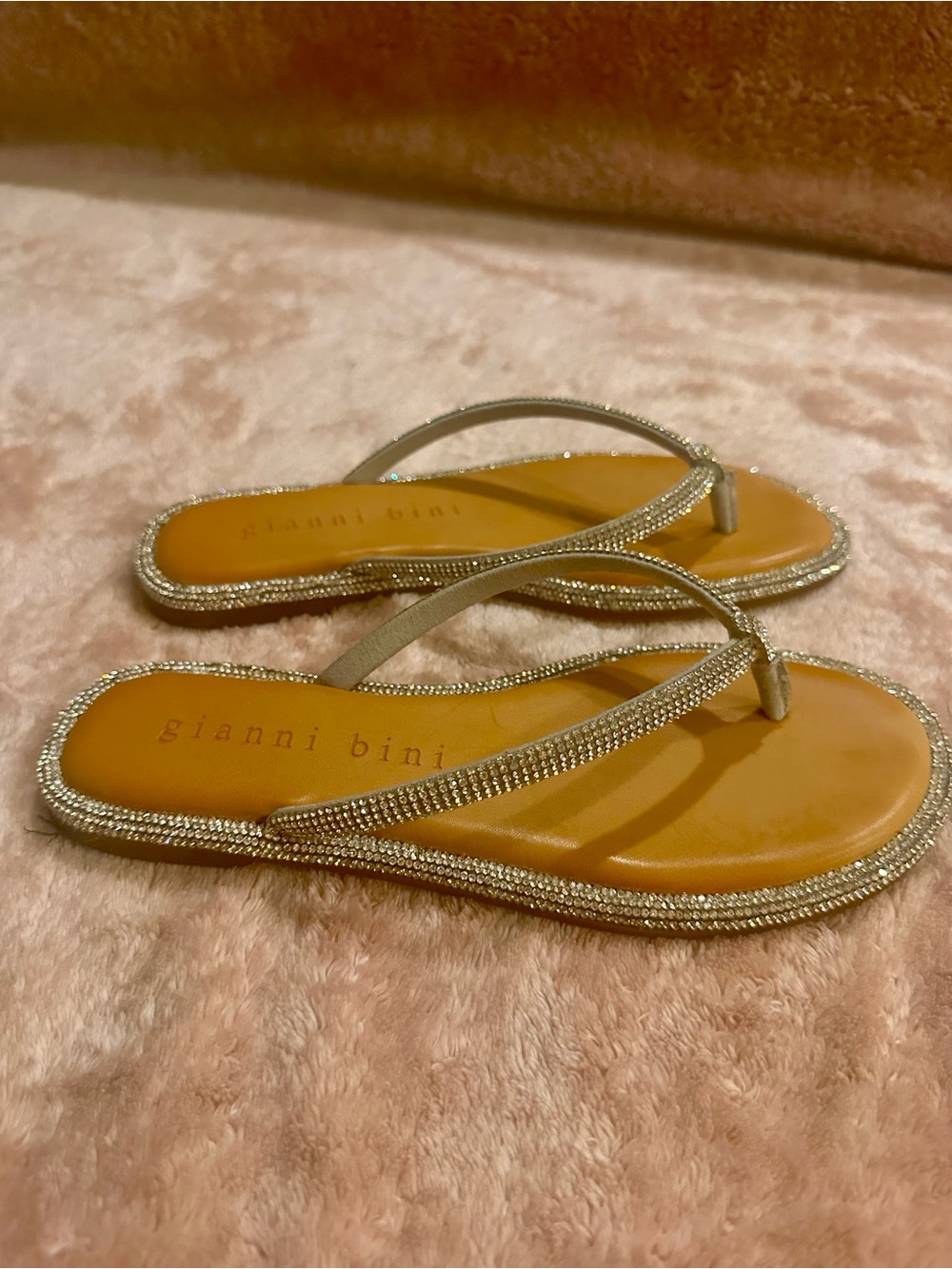 Gianni Bini Silver Beaded Thong Sandals with Tan Footbed